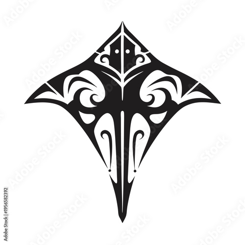 Polynesian tribal manta ray design featuring black ink art looks quite symmetrical and detailed