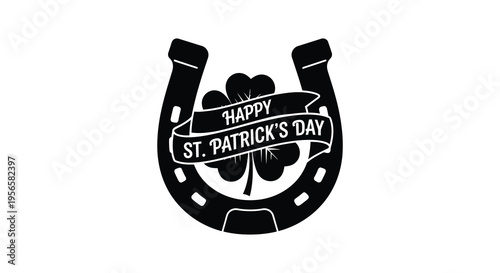 A black silhouette of a horseshoe embracing a four leaf clover and banner reading happy st patrick s day silhouette high quality professional