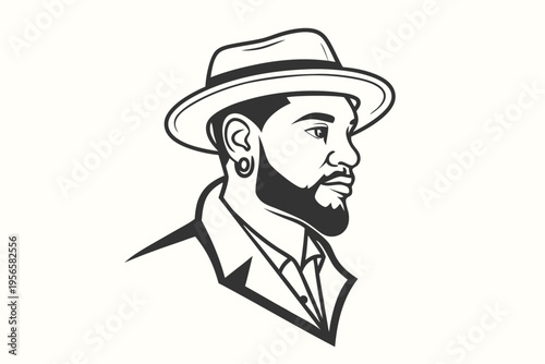 Profile outline of a man sporting a fedora, beard, earring, and collared coat