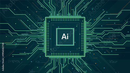 Concept of AI, data processing, data flow, neural network and artificial, chipset future cybernetic concept, AI microchip with glowing circuitry high tech 3D realistic vector technology background