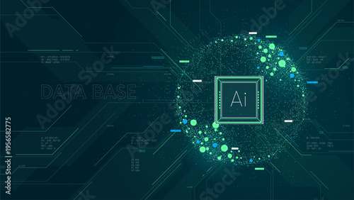 Big data visualization information flow sorting and analysis, database processing by computer algorithms and AI deep learning machine, Future cybernetic artificial intelligence technology concept