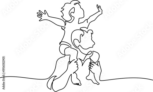 Father dad carries daughter on his shoulders. Hand-drawn picture silhouette.
