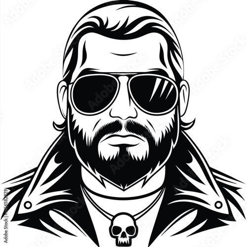Serious biker with aviator sunglasses and skull necklace stares intensely in black and white