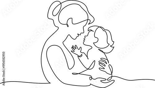 Mother Holding Baby. Continuous One Line Drawing. Motherhood and Family Love.