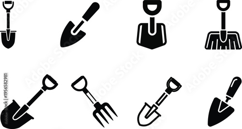 collection of garden tools icons in black on white background
