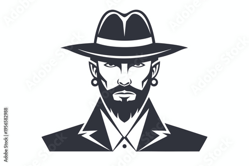 Serious Caucasian man with a beard, wearing a hat and suit looks forward