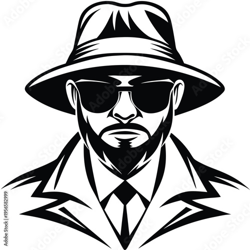 Serious looking man with sunglasses, hat, beard, and a tie displays confidence