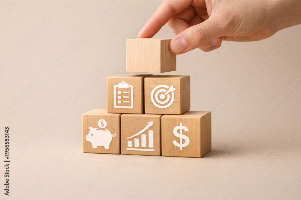 Fototapeta premium AI Financial Planning Strategy with Wooden Blocks Investment Growth and Business Optimization Concept