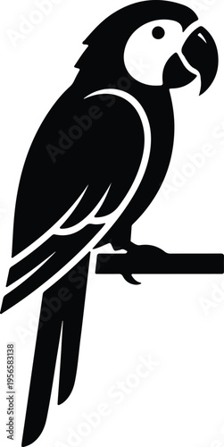 Vector silhouette of a tropical macaw parrot perched on a branch design