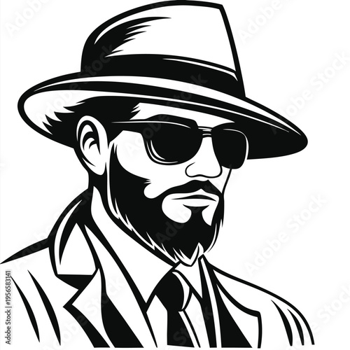 portrait depicts a bearded man with hat, sunglasses, and suit in monochrome