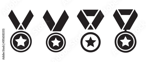 Minimalist flat design star medal icons in black, symbolizing award, achievement, and victory, vector illustration.