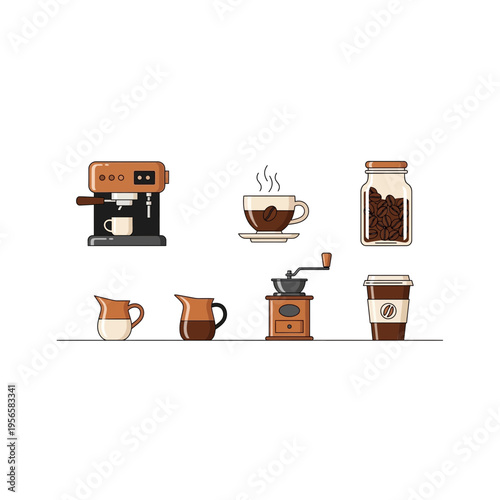 Pixel Art Coffee Shop Equipment and Beverage Icon Collection