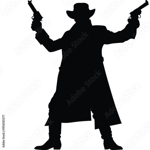 Shadowy cowboy figure in duster coat brandishes twin revolvers with both hands menacingly