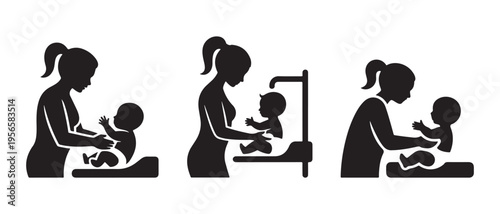 Mother changing and weighing baby, providing newborn care with nurturing flat design vector illustration.