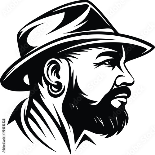 Side profile shows a bearded man with hat and earring in monochrome