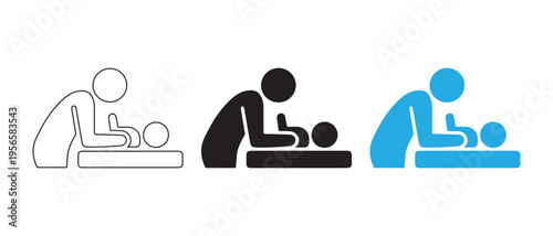 Parent changing baby diaper icon set, showing outline, solid black, and blue styles, vector illustration.