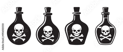 Set of Black Poison Bottles with Skull and Crossbones Warning Labels, Flat Design Vector Illustration.