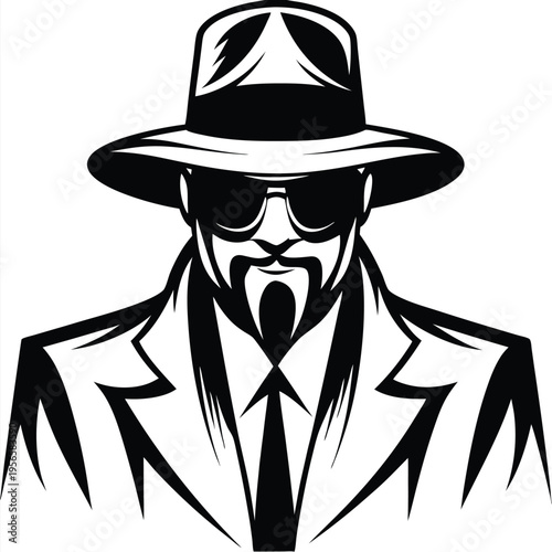 Silhouette art portrays a bearded gentleman wearing sunglasses, hat, and suit, revealing the necktie