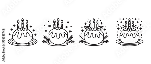Set of festive Christmas puddings with candles, holly, and sprinkles in a cheerful flat design vector illustration.