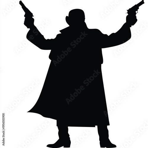 Silhouette depicts bald man wearing coat raising two guns upward in an intense scene
