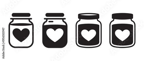 Four black and white glass jar icons with heart symbols representing love and care.