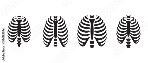 Set of four black human rib cage silhouettes isolated on a white background for graphic design.