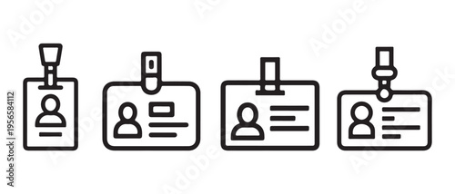 Set of Line Art Identity Card and Employee Badge Icons with Holder and Clip Designs on White Background.
