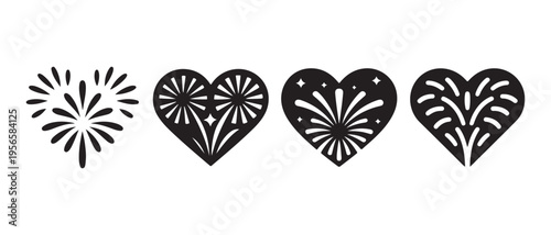 Set of four black heart icons with internal firework and starburst patterns on white background.