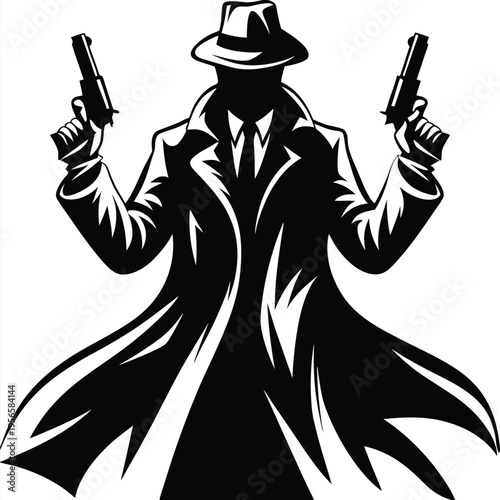Silhouette of a man with a hat and long coat pointing two guns