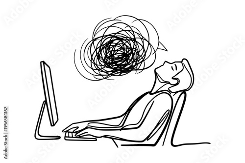 A person leaning at computer in simple line style on white background showing stress and confusion as workplace tension concept. Professional burnout syndrome