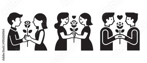 Modern Love and Equality. Diverse Couples Exchanging Roses. Minimalist Vector Art Showing Romantic Gestures.