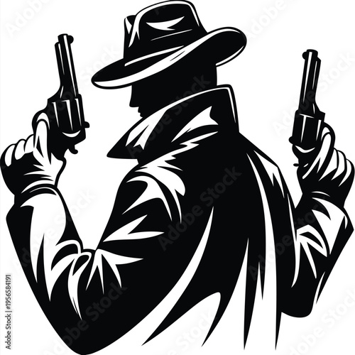 Silhouette of a man with hat and coat holding two pistols