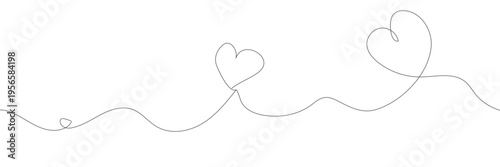 Heart line drawing ribbon in vector doodle sketch. One Continuous line drawing of two hearts with love signs. Love Minimalist Contour Art with white background EPS10