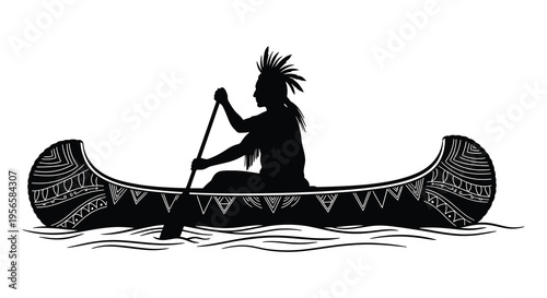 A native american man paddles a decorated canoe across water depicted in a striking black silhouette high quality professional detailed modern