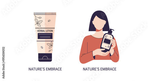 Moisturizing cream tube and woman applying lotion in minimalist flat illustration in soft natural lighting for skincare branding