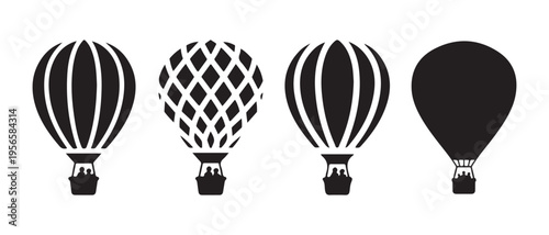 Hot Air Balloon Vector Icons Collection in Black and White Silhouettes, Ideal for Travel and Adventure Design.