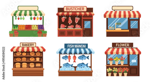 Colorful storefronts depicting a butcher bakery flower shop and fish market in a charming illustration silhouette high quality professional detailed modern
