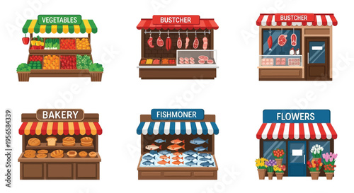 Colorful storefronts depicting a vegetable stand butcher shop bakery fishmonger and flower shop silhouette high quality professional detailed modern elegant stylish