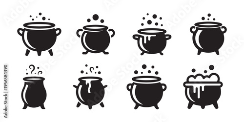 Witch cauldron icon set. with boiling magic potion bubbles and steam isolated on white background.