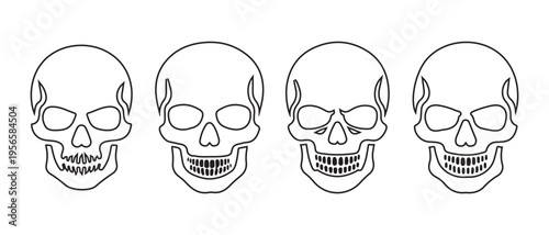 Stylized Skull Line Art Icons on White Background for Halloween, Danger, or Anatomical Concepts.