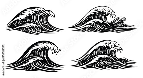 Four stylized ocean waves illustrated in black and white demonstrating dynamic curves and crests silhouette high quality professional detailed modern elegant