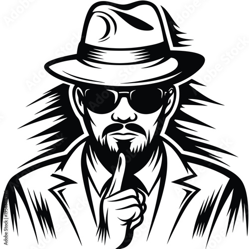 Silhouette of bearded man in hat and sunglasses asks for silence with raised finger