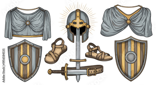 Collection of Roman soldier's armor and weapons, illustrated in a vintage style