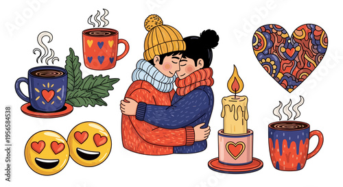 Cozy couple embracing in winter, surrounded by warm drinks and romantic symbols