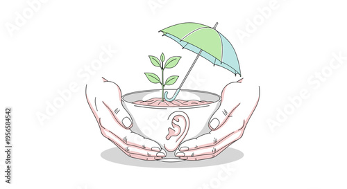Hands protecting a plant in a pot with an ear symbol and umbrella, symbolizing care