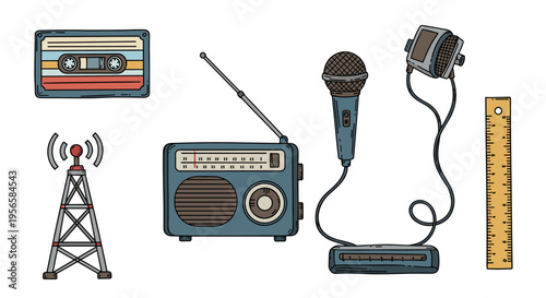 Retro audio equipment and broadcasting tower illustration with a ruler for scale