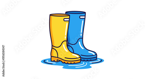 Yellow and blue rubber boots standing in water puddle illustration