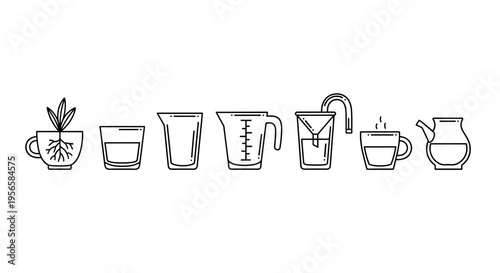 Line art illustration of various kitchen and laboratory glassware for measuring and brewing liquids