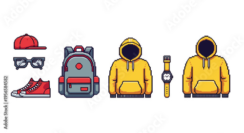 Pixel art collection of casual clothing and accessories for a modern look