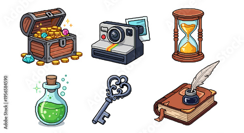 Collection of pixel art icons: treasure chest, camera, hourglass, potion, key, and book